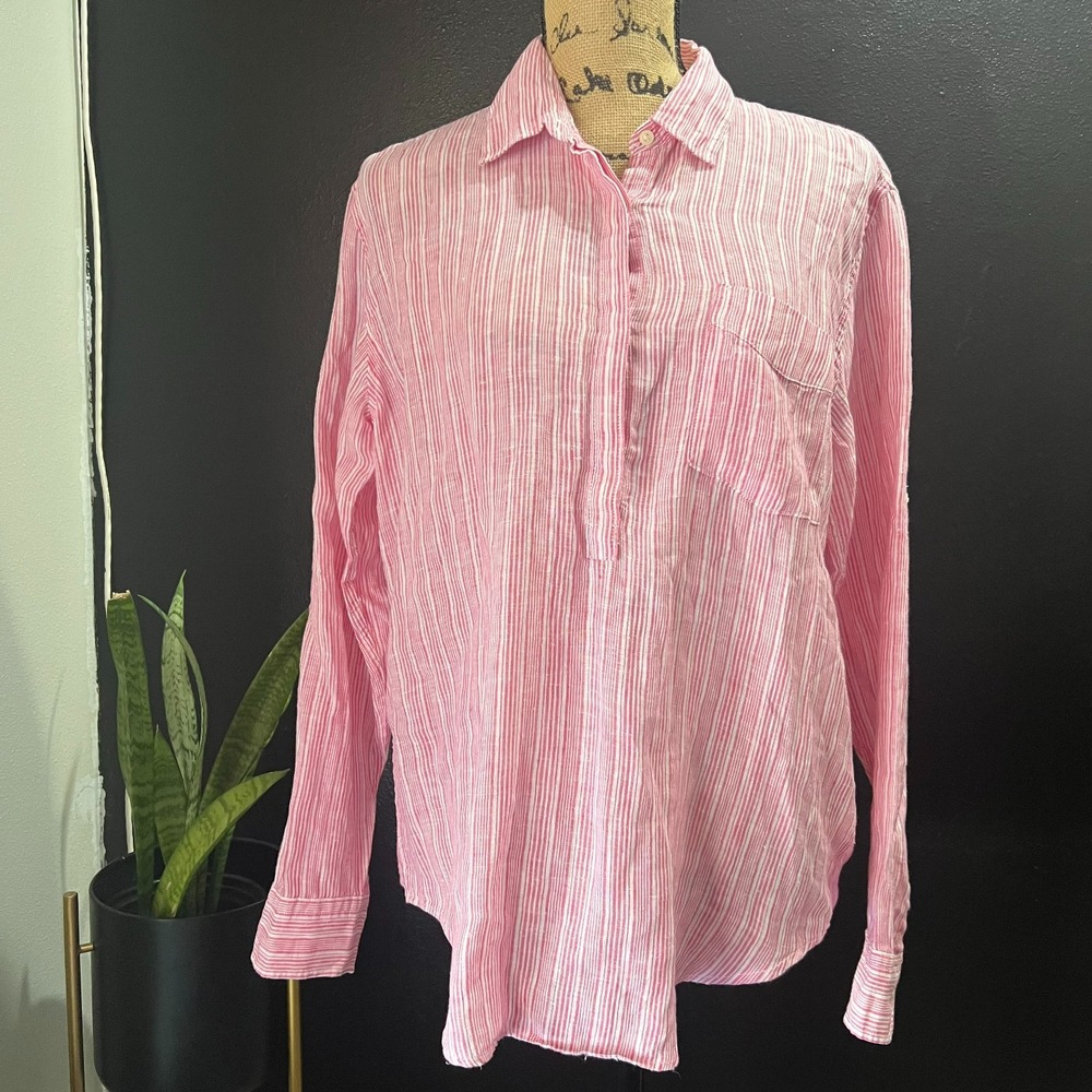 Gap Women Pink White Striped 100% Linen Button Down Shirt Size Large Long Sleeve